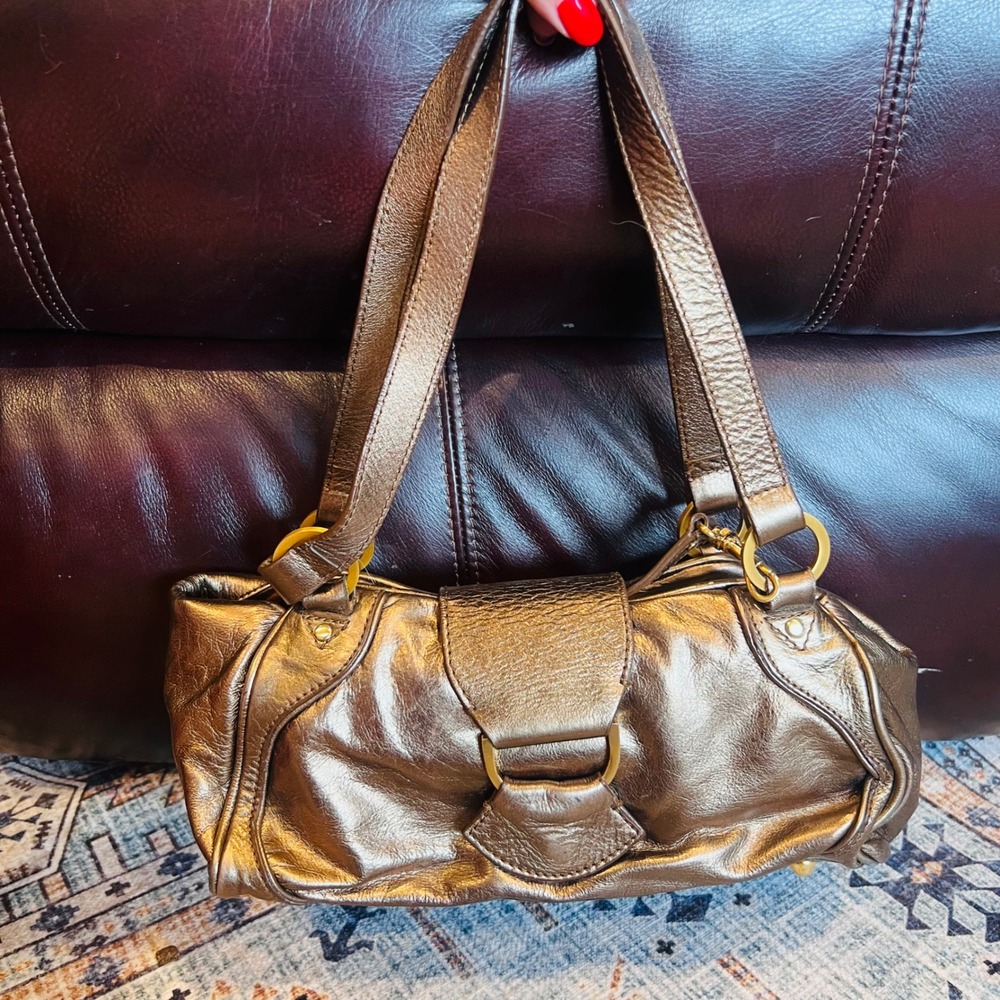 VTG Marshall Fields Small Gold Leather Shoulder Bag Y2K Bling Shiny Dinner Bag‎